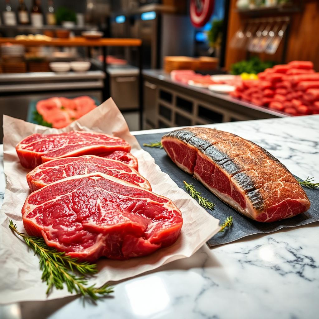 Cortes nobres de carne Angus e filé de peixe fresco