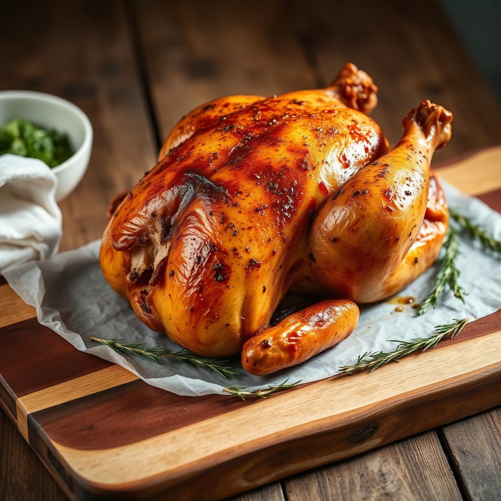 Frango assado artesanal douradinho sobre tábua de madeira