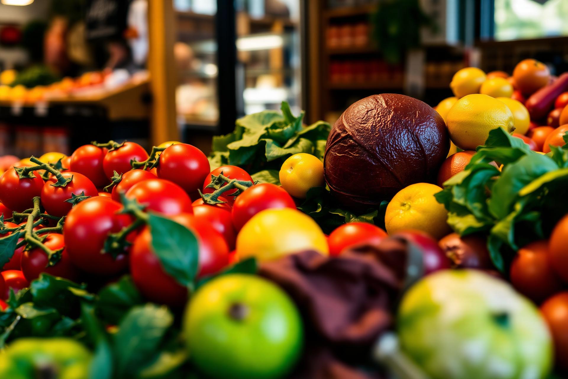 Seleção de frutas, legumes e verduras frescas em uma loja Novo Hortifruti